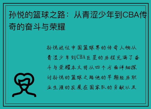 孙悦的篮球之路：从青涩少年到CBA传奇的奋斗与荣耀