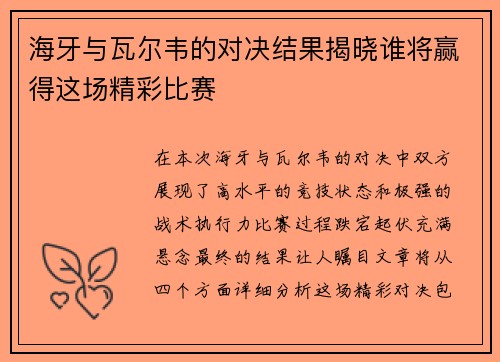 海牙与瓦尔韦的对决结果揭晓谁将赢得这场精彩比赛