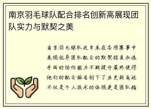 南京羽毛球队配合排名创新高展现团队实力与默契之美