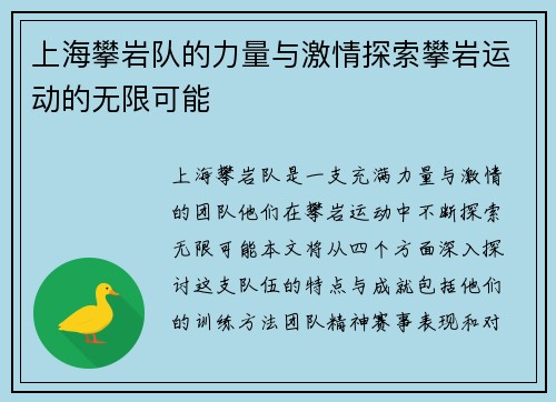 上海攀岩队的力量与激情探索攀岩运动的无限可能