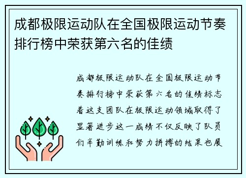 成都极限运动队在全国极限运动节奏排行榜中荣获第六名的佳绩