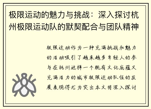 极限运动的魅力与挑战：深入探讨杭州极限运动队的默契配合与团队精神