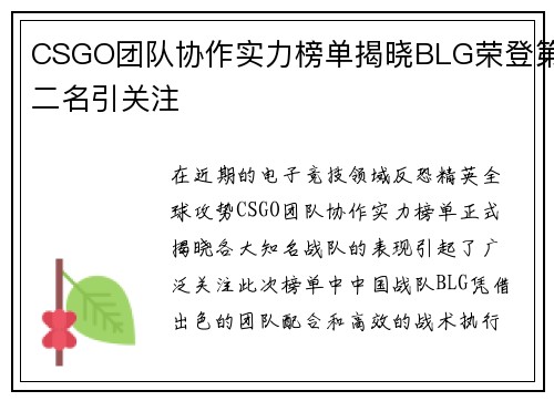 CSGO团队协作实力榜单揭晓BLG荣登第二名引关注