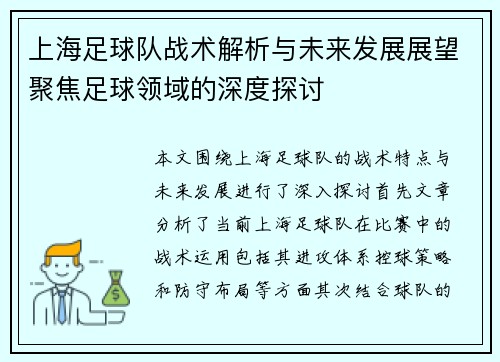 上海足球队战术解析与未来发展展望聚焦足球领域的深度探讨